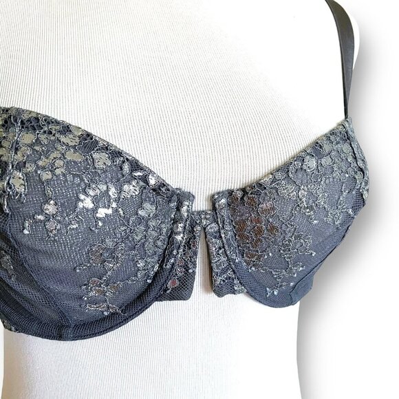 Victorias Secret 34C Bra Gray Metallic Silver Lace Very Sexy Unlined Balconette - Picture 3 of 7